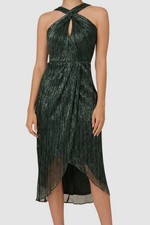 Adrianna Papell Women's Green Halter Crinkle Metallic Midi Dress Size 14