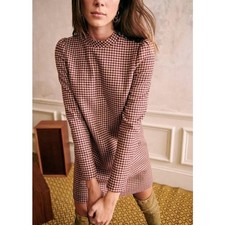 Sezane Erza Burgundy Mini Houndstooth Wool Button Shoulder Mini Dress EU 34 US 2