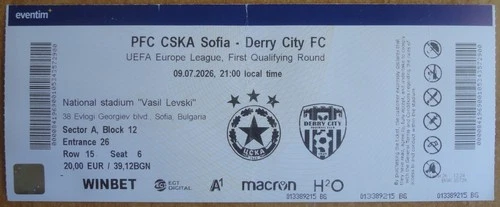2026 CSKA Sofia - Derry City, Europa League 2026/27 Ticket