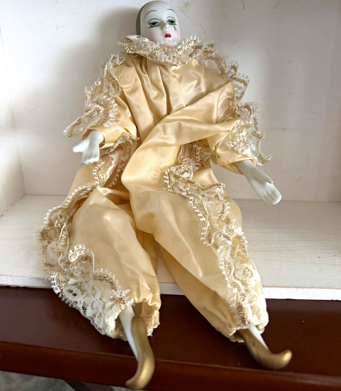 Vintage Pierrot (French clown) doll, probably dating from the 1960s to 1980s.