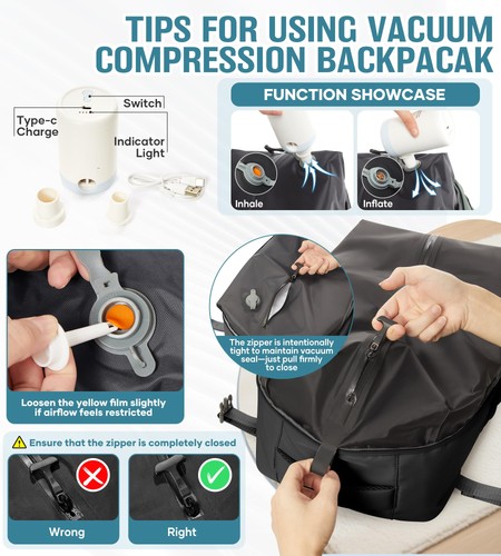 Large Vacuum Travel Backpack with Pump for Women,Airback Personal Item Carry on - Picture 5 of 9