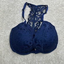 Victoria's Secret Floral Lace Push-Up Bra 32DDD Navy Blue Racerback Coquette
