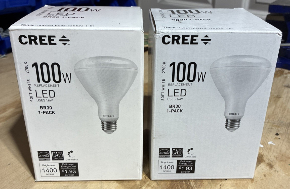 (2) Cree 100W Equivalent Soft White (2700K)BR30 Dimmable Light Quality LED Bulbs