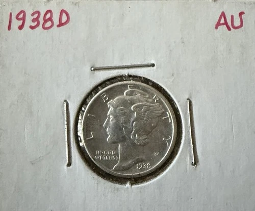 1938-d . Mercury Dime . AU . Almost Uncirculated.