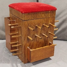 Wooden 32 Thread Spool Holder Rack Pin Cushion Storage Box Vintage