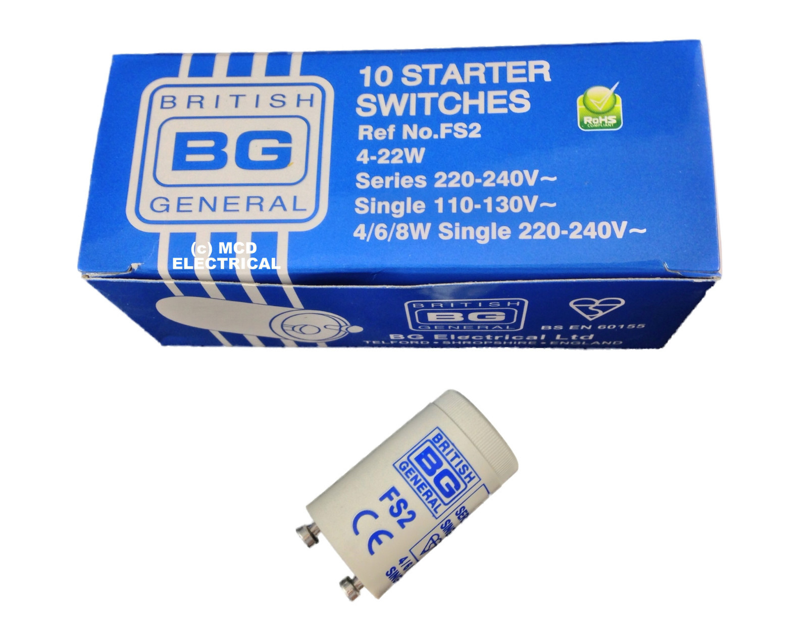 Box of 10 x BG FS2 4-22W Fluorescent Starter Switches