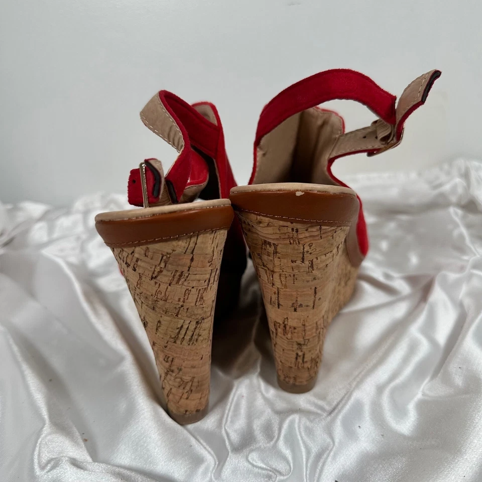 City Classified Red Wedge Sandals Peep Toe Ankle Strap Cork Platform Size 8.5 39 - Image 2 of 4