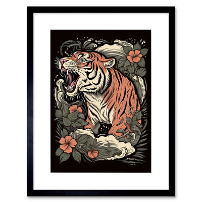 Roaring Tiger Old School USA Tattoo Rockabilly 50er gerahmter Wandkunstdruck 9 x 7 Zoll