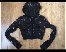 Black Sequin Knit Ribbed Zip Crop Dance Disco Party Hoodie Hooded Jacket 0 4 6 8