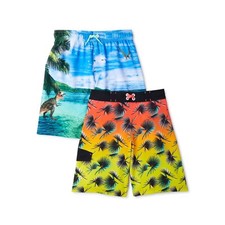Wonder Nation Boys Quick Dry Swim Trunks Shorts 2-Pack Palm Leaves/Dinosaurs 8 M