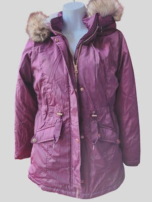 Ultimate Girls Parka Jacket Faux Fur Hood Polyester Maroon 14/16 Warm Winter Coa