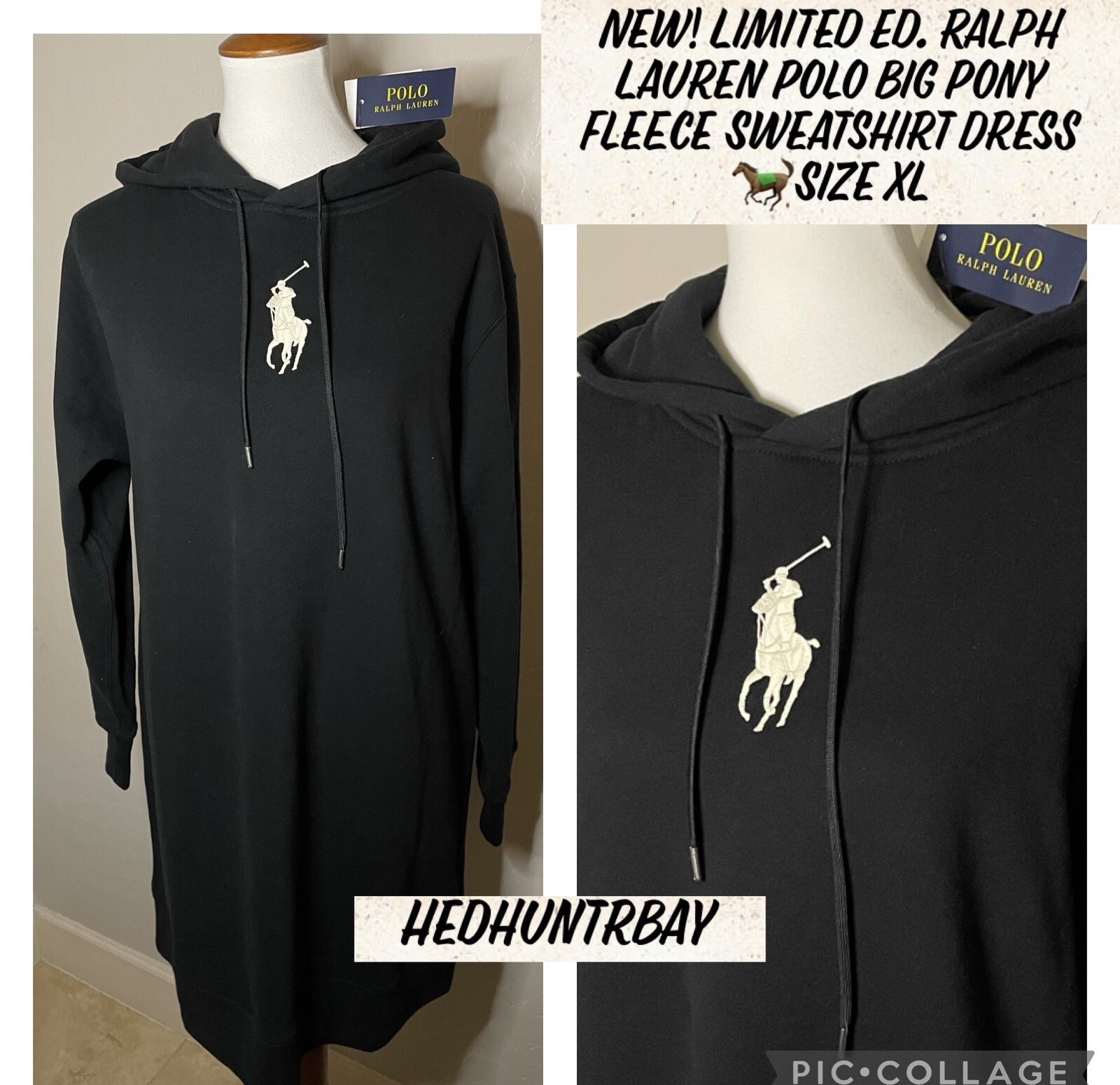 Nuovo! Felpa Polo RL ricamata grande pony nero crema pile abito XL