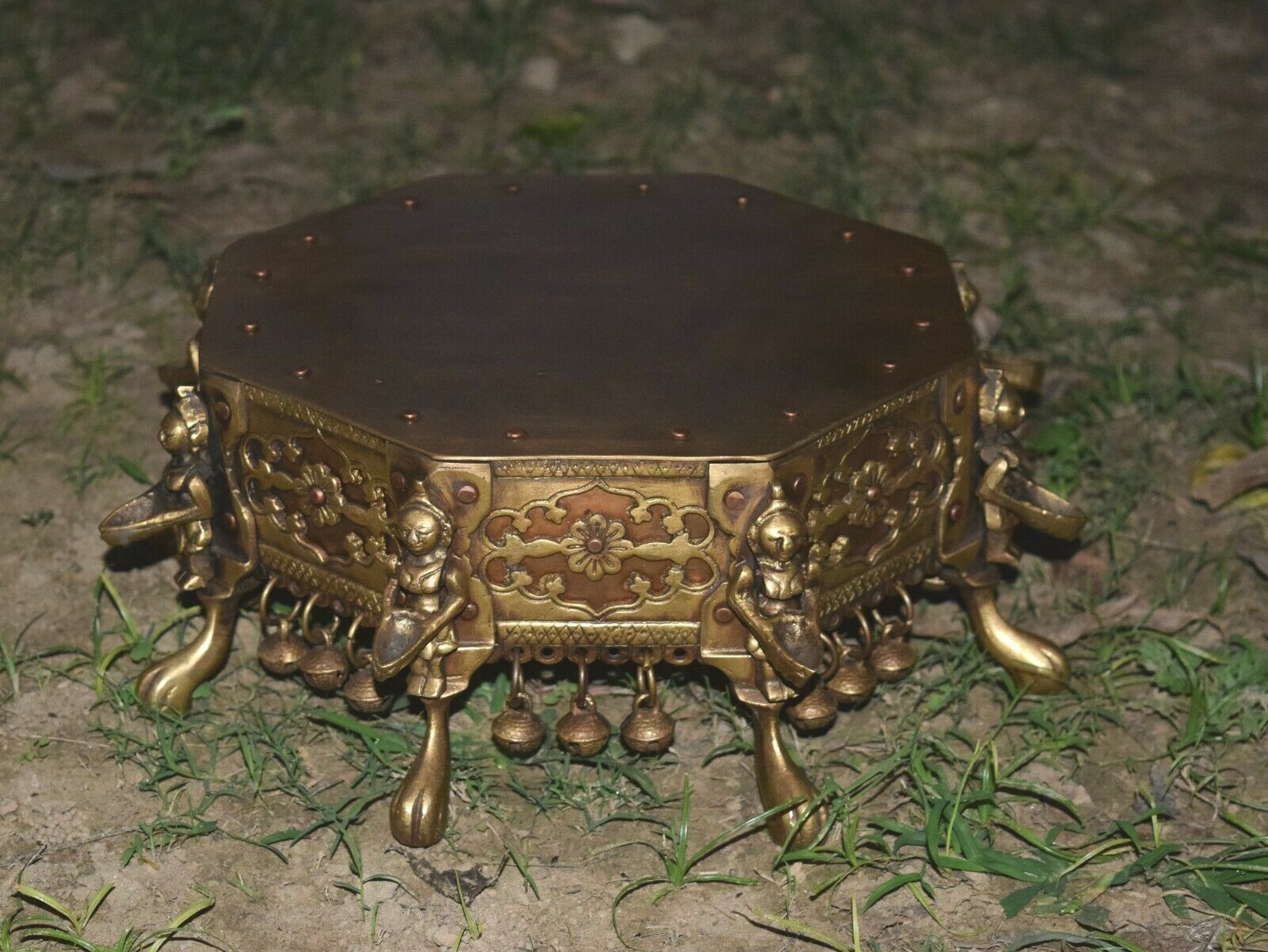 Brass Deep Lakshmi Stool Octagonal Shape Chowki Handmade Auspicious Table EK961