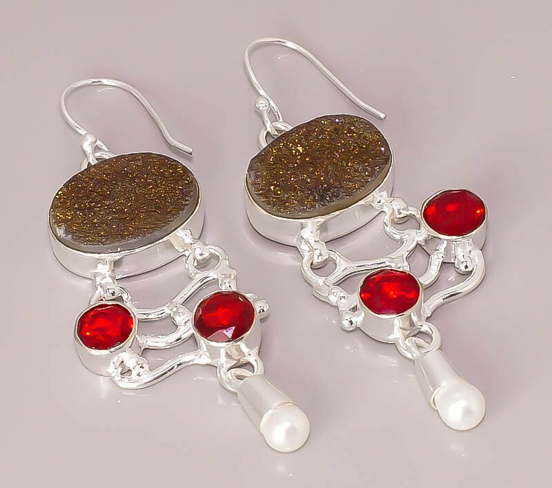 Natural Titanium Druzy Garnet Quartz Pearl 925 STERLING SILVER PLATED EARRING