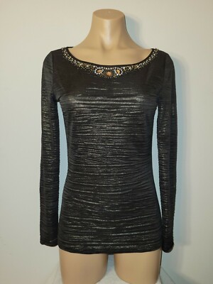 Cache XSmall Shimmer Black Copper Gemstone Scoop Neck Long Sleeve Blouse Top