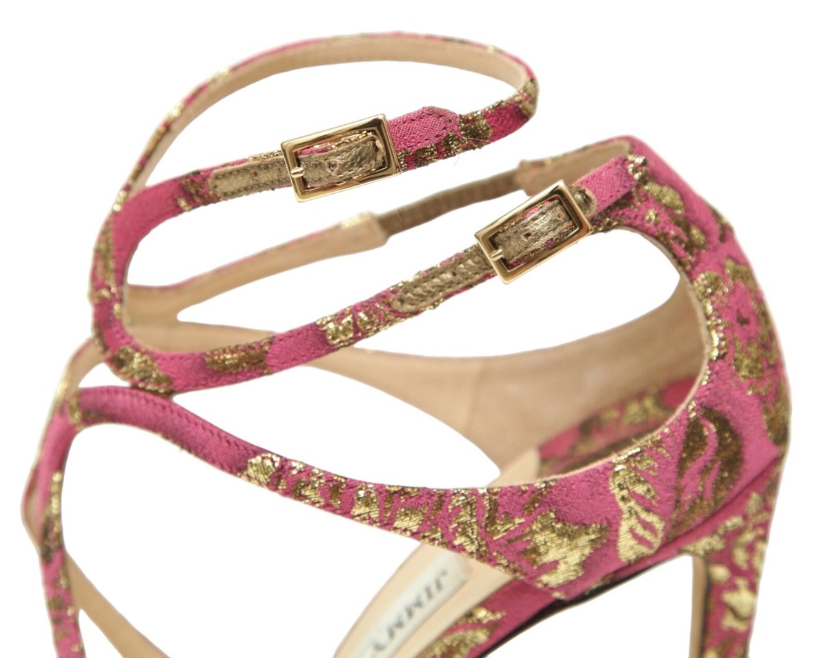 JIMMY CHOO Heels Sandals Brocade Pink Gold Metallic LANCER Leather