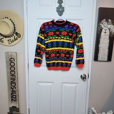 Vintage JJ Poole Geometric Multicolor Knit Pullover Sweater Youth Size M