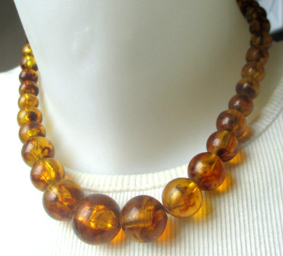 Collier Vintage Perles Dégressives Ambre Orange - Bijou Résine Couleur Or, état Impeccable