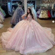 Pink Quinceanera Dresses 3D Flowers Off The Shoulder Pageant Sweet 15 Ball Gowns