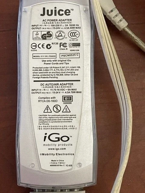 Fuente de alimentación adaptador de aire acondicionado para computadora portátil Juice (PS0055) iGO 11-230 V / 15-24V 65W MAX A/C  Foto 2 de 2