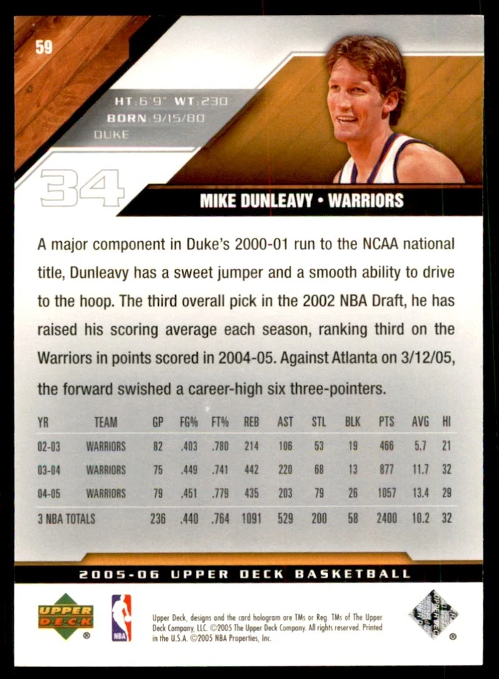 2005-06 Upper Deck: Mike Dunleavy Basketball Cards #59 - Image 2 of 2