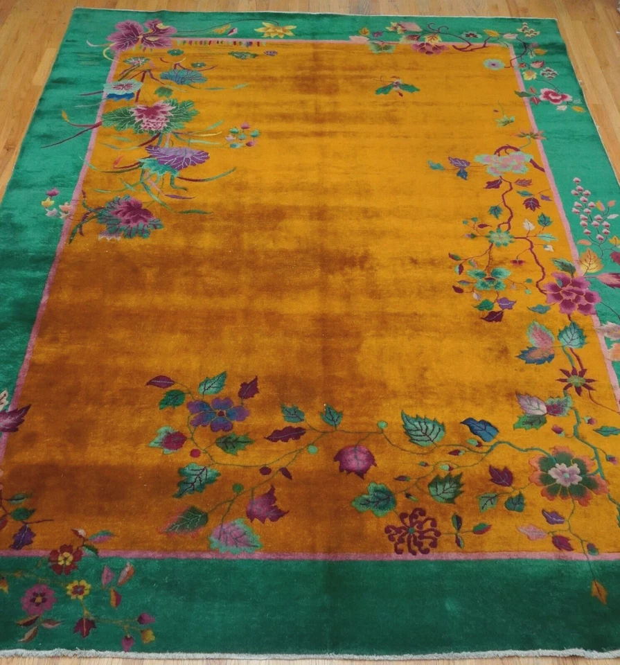 Antigua alfombra oriental dorada floral de lana anudada a mano china Art Deco 9' x 12' Foto 3 de 4
