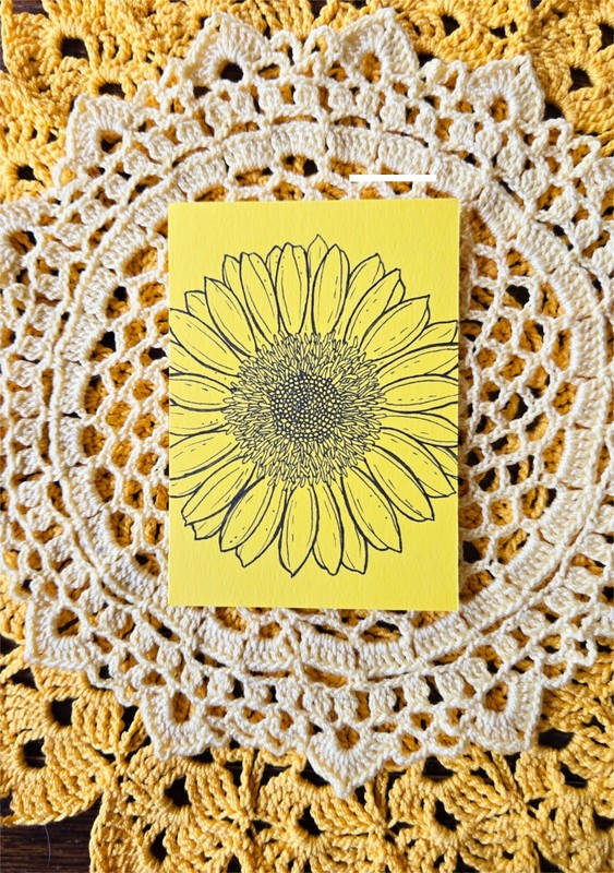ACEO Original Art Ink Sunflower Drawing on Yellow paper, floral nature mini
