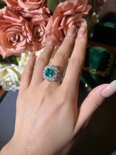 Princess Cut 3.50Ct Green Emerald Halo Engagement Ring 14k White Gold in Size 6