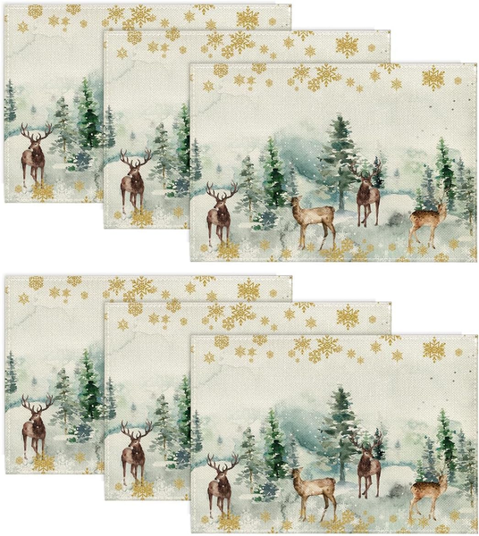 Kiefern Elch Schneeflocken Weihnachten Platzsets 6Er Set, 30X45Cm Winter Urlaub-image