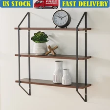 3 Tier Shelf W/ Brackets Walnut Finish Decorative Wall Mounted Storage Unit New