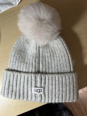UGG Women's Winter Line Wool Blend  Creme/Gray/ Knit Stretch Pom Beanie Ski Snow