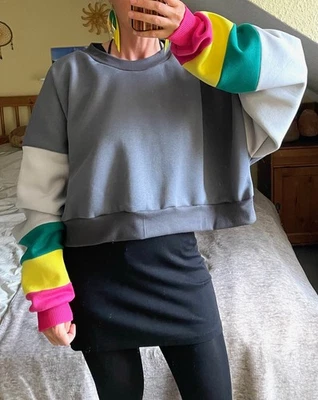 Colorblock Pullover Pulli Oversized Sweater Grau Pink Gelb Grün Sweatshirt 80er - Bild 1 von 4