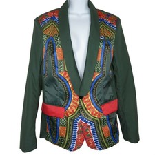 Vintage African-Inspired Green Blazer Jacket Colorful Dashiki Print Red Accents
