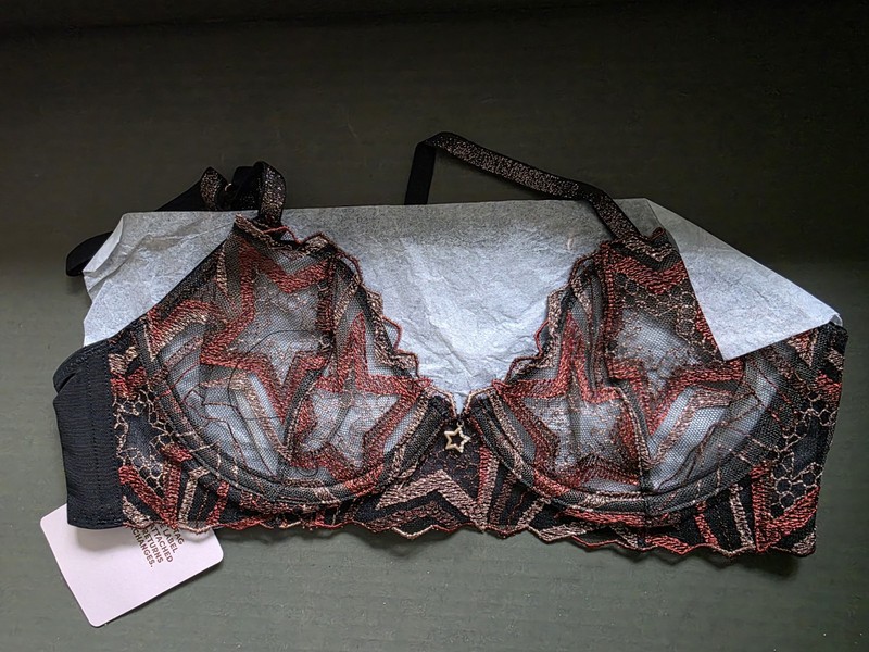 NWT Savage X Fenty Black Shining Star Sheer Embroidered Unlined Demi Bra 34B