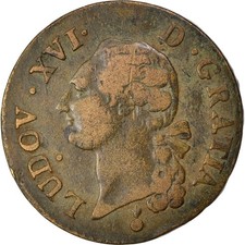 France, Louis XVI, Sol, Sol ou sou, 1791, Metz, Cuivre, TB+, Gadoury:350