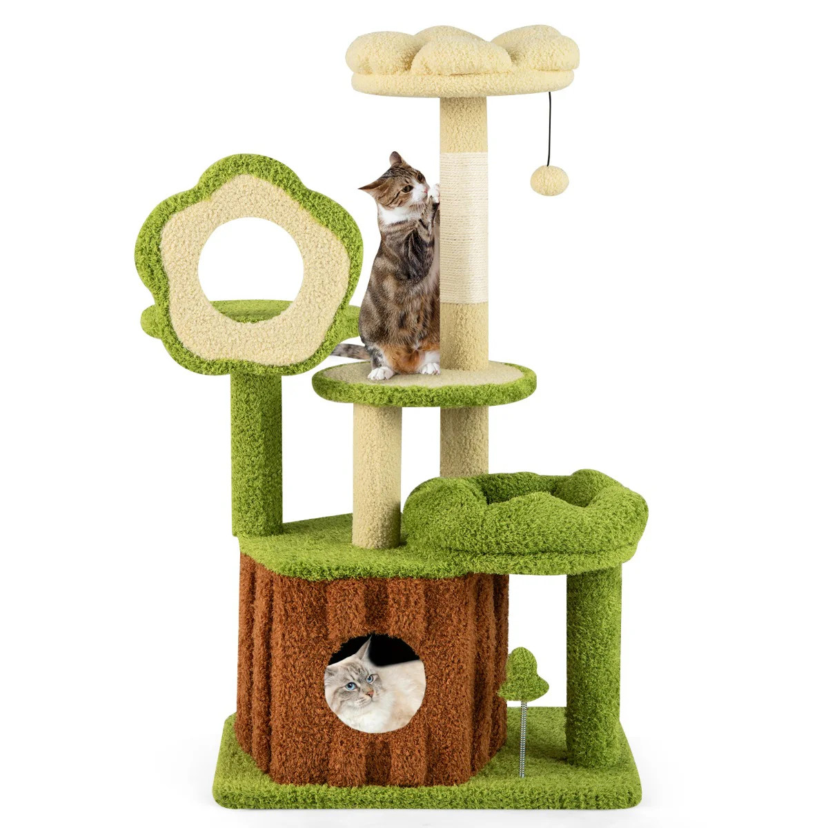 Arbre à chat design pour appartement meublé avec niche cachée et peluche grise