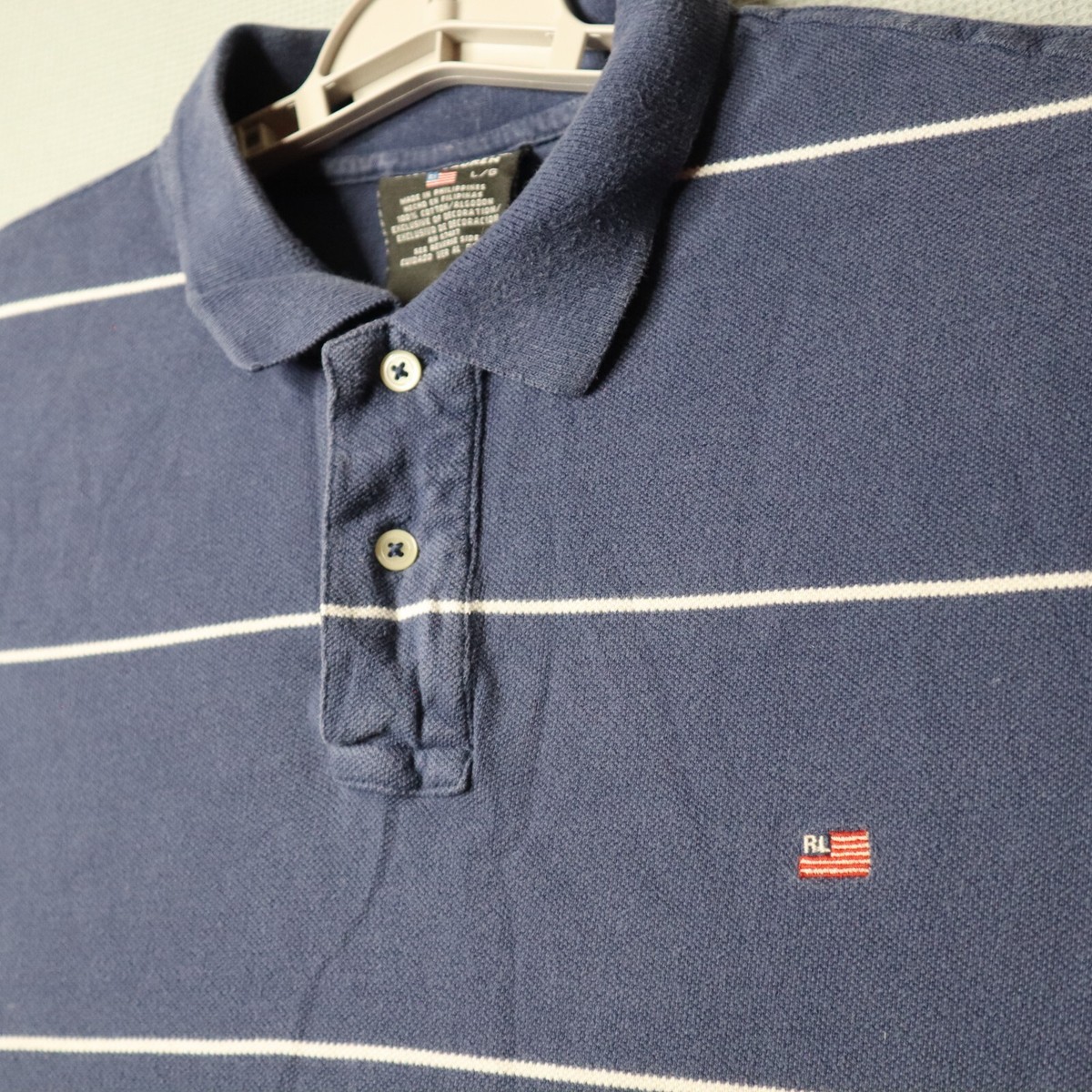 VTG Ralph Lauren Polo Shirt Mens Large Stripe Golf American Flag