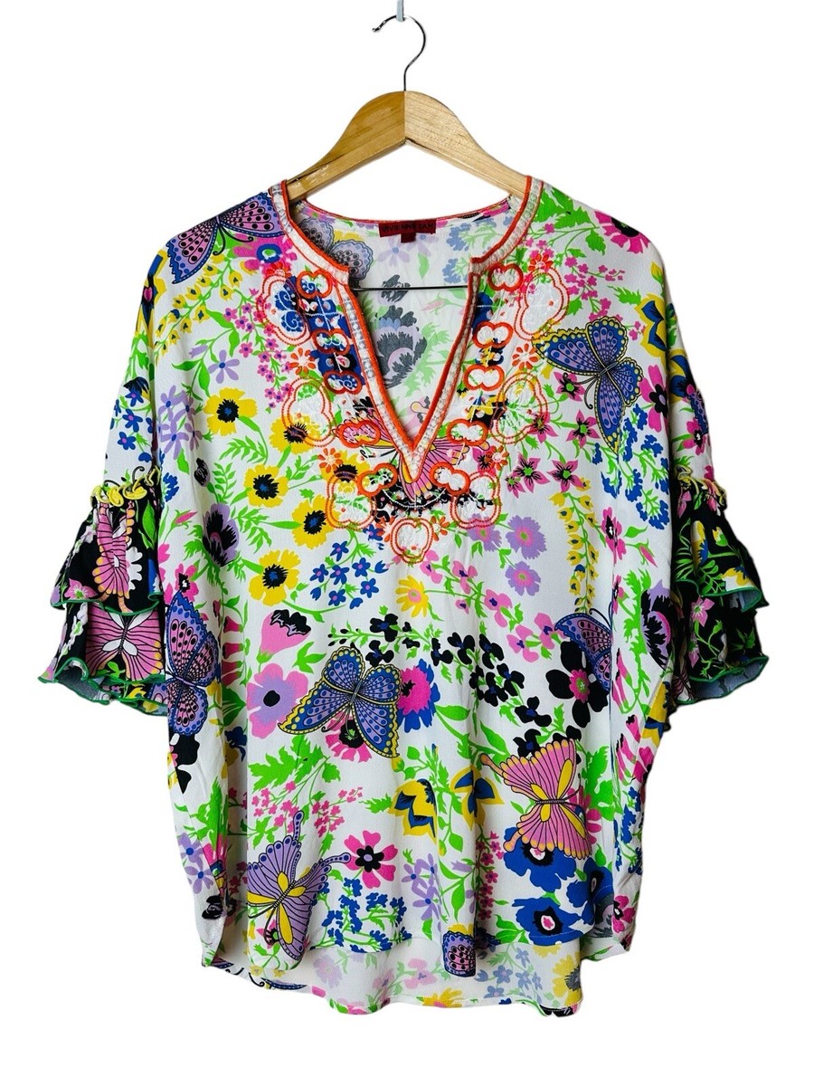 Vintage Vivienne Tam Colorful Butterfly Floral Top Embroidered 