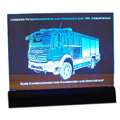 Trophäe Gravur RGBLED Acrylplatte Foto 200 mm Feuerwehr Geschenk  Ehrungen