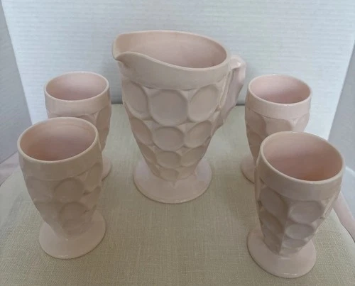 Vintage Jeanette Shell Pink Juice Pitcher and 4 Footed 4 oz. Juice Glasses
