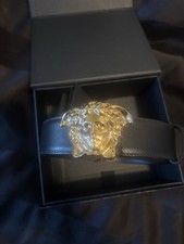 Authentic Versace Gold Medusa Buckle Black Leather Mens Belt Size 44