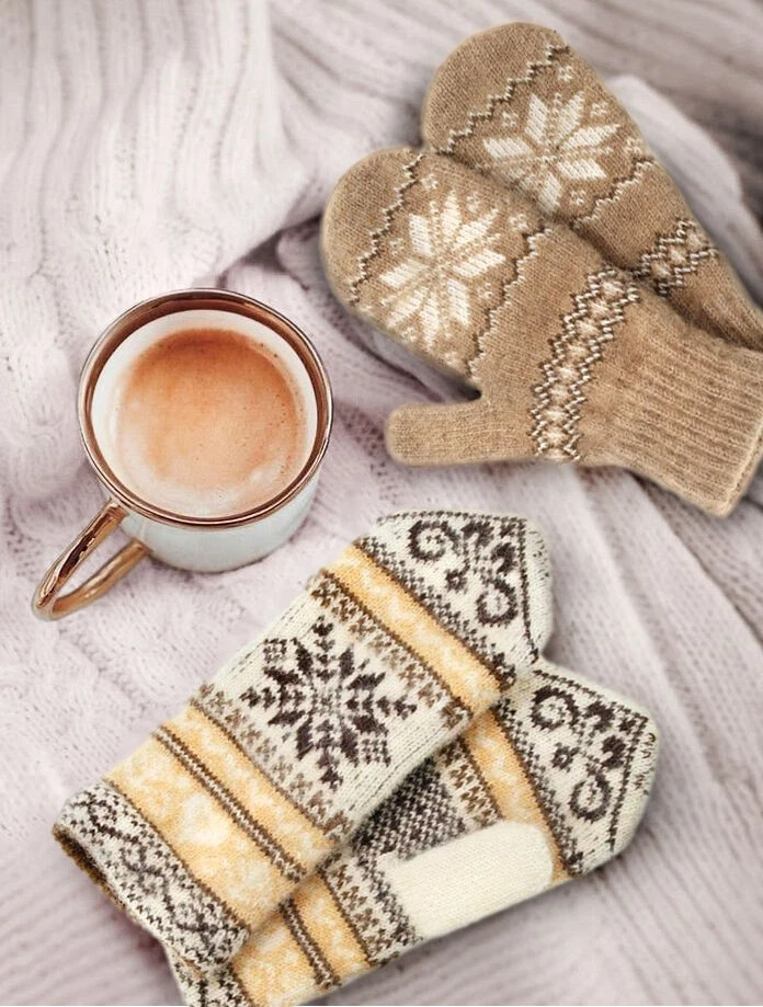 Wool Mittens Knit Fair Isle Nordic Warm Folk Soft Mitts Snowflake Beige - Image 3 of 3