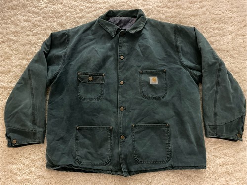 Vintage Carhartt Blanket Lined Chore Jacket Coat Green Faded Union Made USA XXL
