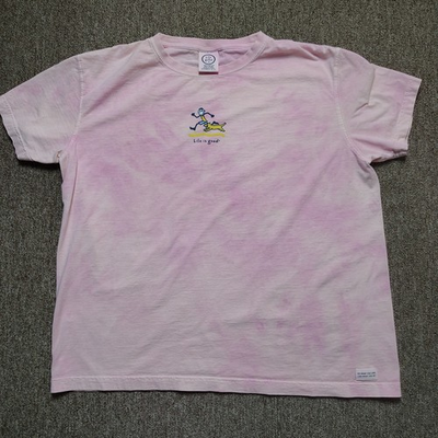 #ad #ad LIFE IS GOOD T Shirt Women XL Pink Bleach Dyed Running Dog Graphic Cotton Summer $11.99