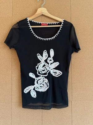 Y2K Netz Top Größe 10 schwarz 00er bestickt Blumen launisch Whimsigoth Vintage