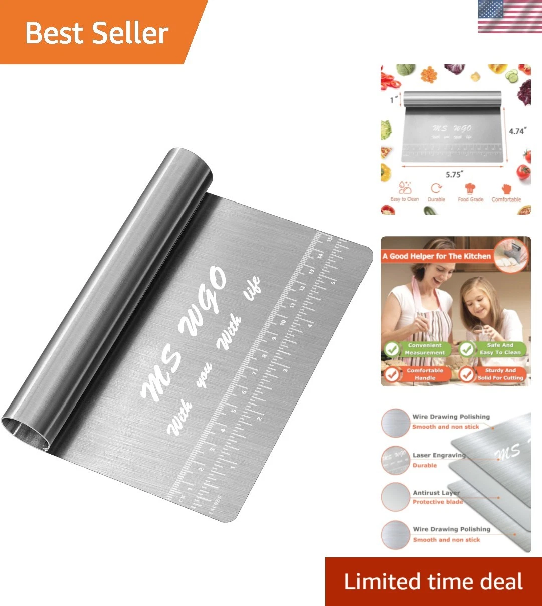 Pro Dough Pastry Scraper/Cutter/Chopper Stainless Steel Mirror Polished with ...
Opens in a new wind