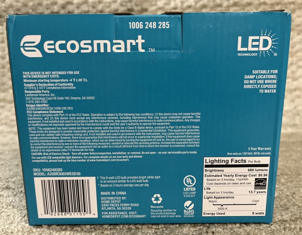 6 EcoSmart 65W Equivalent Bright White BR30 Dimmable LED Light Bulb 1006 248 285 - Image 2 of 4