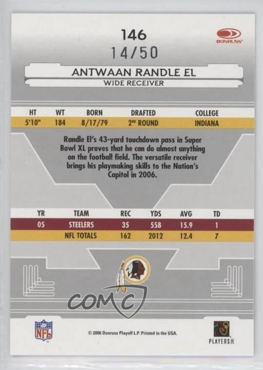 2006 Leaf Certified Materials Mirror Blue /50 Antwaan Randle El #146 - Image 2 of 2