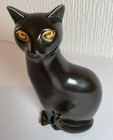 Poole Pottery Unusual Dark Brown Glazed Cat With Gold Painted Eyes 7in High VGC