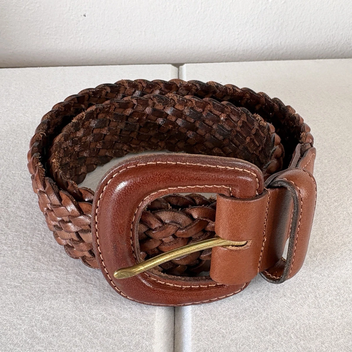 Vintage COACH #3852 Braided Leather Wide Belt w/Covered Buckle British Tan Sz L Coach 3850 British Tan Leather Belt Mens 40 Brass Buckle  main image 3